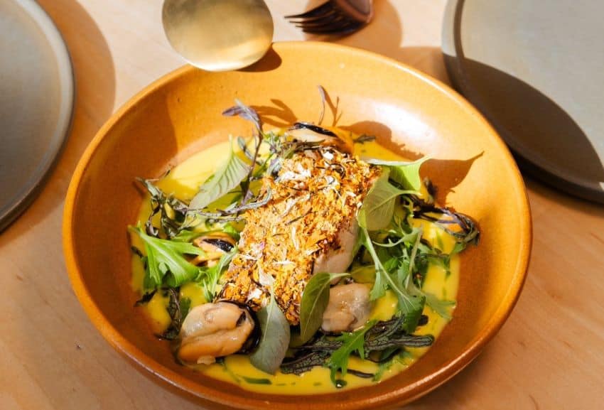 Restaurant entree in a pan