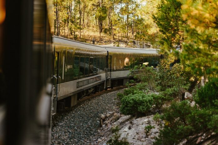 Carriages of Mexico's El Chepe train riding through the Copper Canyon.