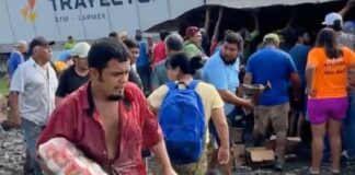 crowd carrying away beer cartons