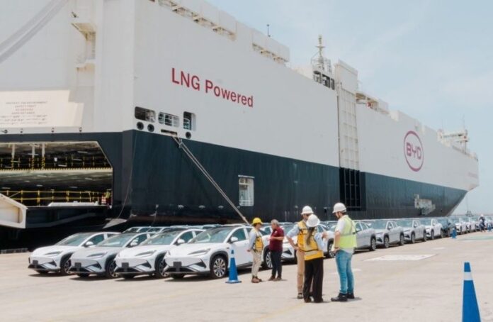 BYD ship docking at a Mexican port