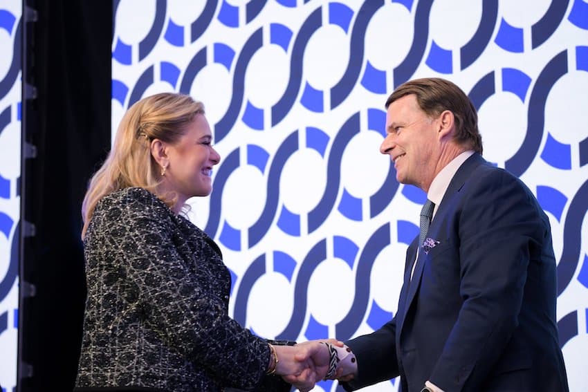 CEO Jim Farley greets Maru Campos, the governor of Chihuahua, where Ford has operated an engine plant since 1983.