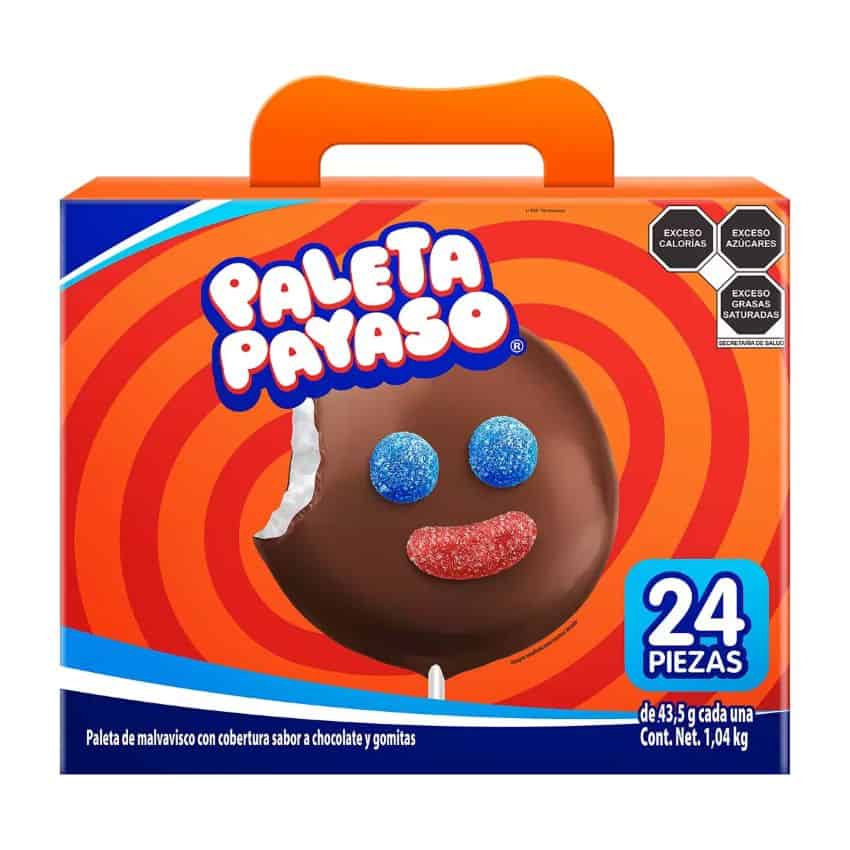 A box of the Mexican marshmellow and chocolate-covered lollipop known as Paleta Payaso, on a white background.