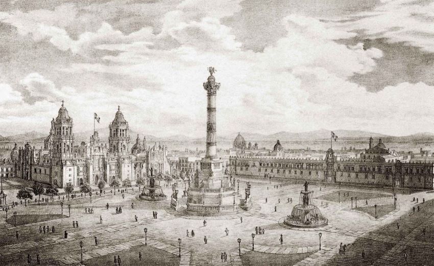 Lithograph depicting planned monument in Mexico City Zocalo in 1843