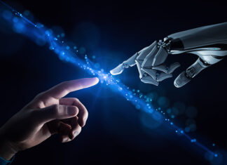 An AI robot hand reaches out to touch a human hand