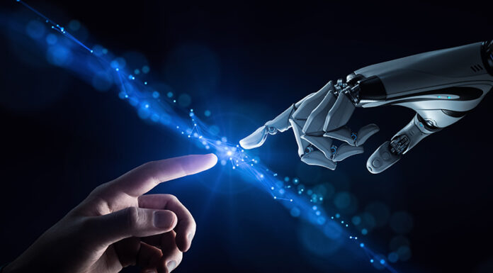 An AI robot hand reaches out to touch a human hand
