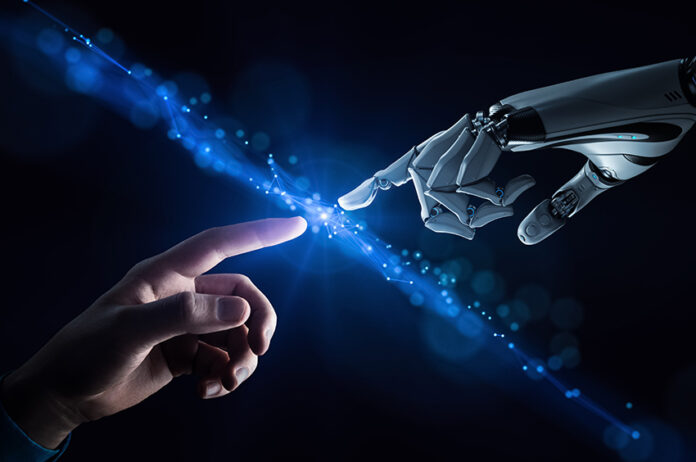 An AI robot hand reaches out to touch a human hand