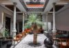 Inner courtyard in hotel with open skylight and palm growing in center of room
