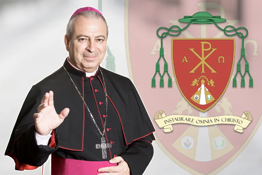 An archbishop in full regalia next to a diocese symbol