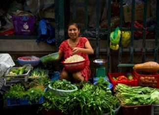 Woman vendor sells groceries at a market