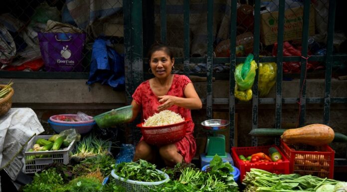 Woman vendor sells groceries at a market