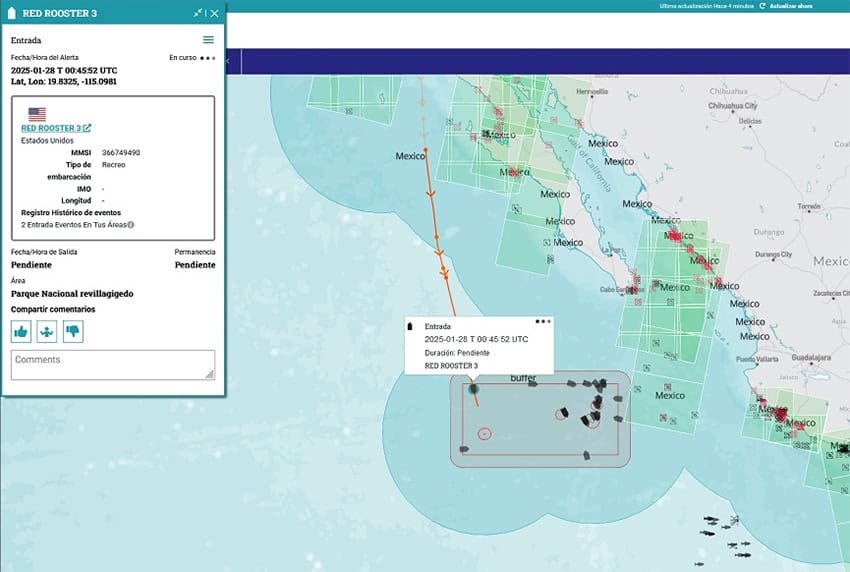 A screen capture from the platform Global Fishing Watch shows the route the boat took from San Diego to the marine protected area Revillagigedo National Park.