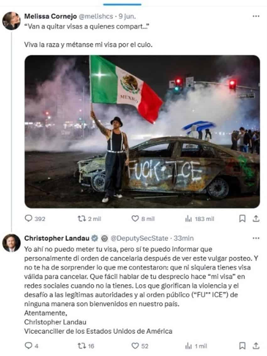A social media post showing a photo of a protester with a Mexican flag and the words "Viva la raza y metense mi visa por el culo"
