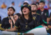 A soccer fan screams at a Mexico vs Turkey match