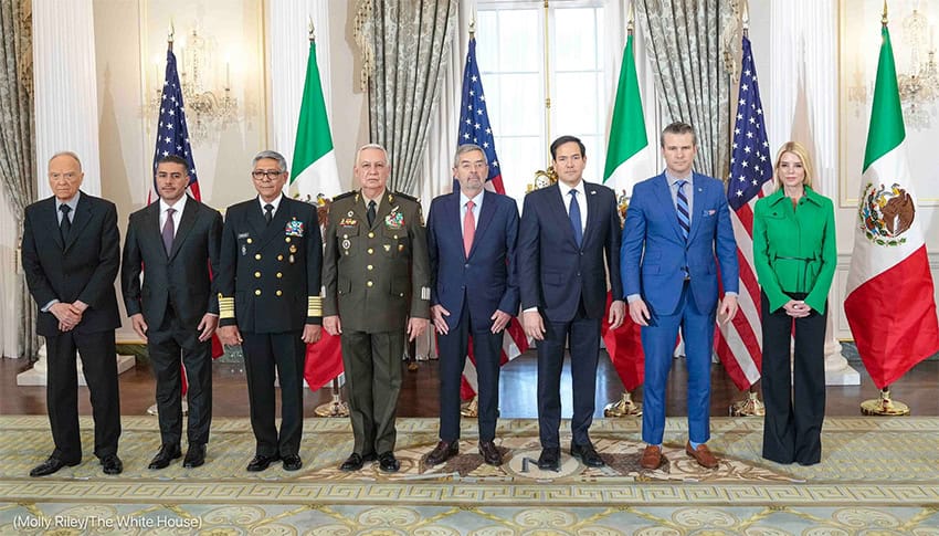 Security Secretary Harfuch, Mexican generals and others pose for a photo at a White House meeting with Marco Rubio where the US requested Sheinbaum step up pressure on corrupt politicians