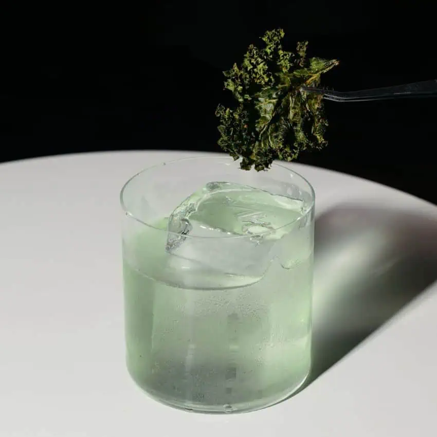 Cocktail in glass, kale held by tweezers above it