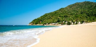 A pristine, empty beach with gentle waves coming in from the Pacific Ocean in Yelapa, Jalisco. In the background is a palm-tree-covered mountain.