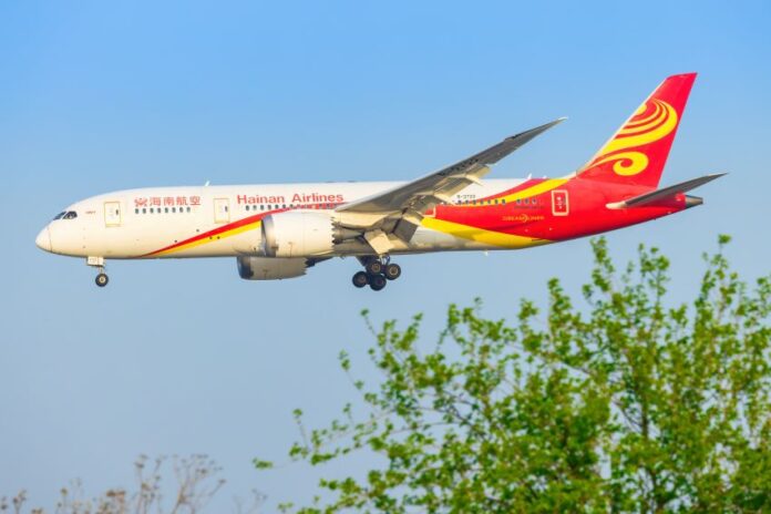 A Hainan Airlines plane in the sky
