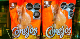 Two orange packages of the Mexican candy Conejos, a brand of rabbit-shaped chocolates, for sale in Puerto Escondido, Oaxaca.