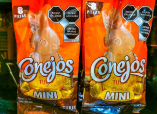 Two orange packages of the Mexican candy Conejos, a brand of rabbit-shaped chocolates, for sale in Puerto Escondido, Oaxaca.