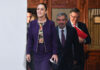 Foreign Affairs Minister Juan Ramón de la Fuente and Economy Minister Marcelo Ebrard follow behind President Sheinbaum