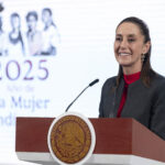 President Sheinbaum at the podium of her morning press conference