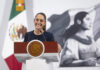 President Sheinbaum at the podium during her mañanera press conference on July 25.