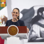 President Sheinbaum at the podium during her mañanera press conference on July 25.