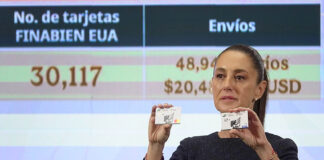 Sheinbaum displays a Finabien bank card