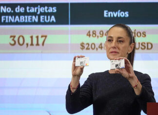 Sheinbaum displays a Finabien bank card