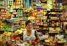 A Mexican middle-aged woman with a warm smile stands behind a counter laden with colorful packaged goods in her small, traditional Mexican grocery store. Shelves packed tightly with a wide variety of canned goods, bottles, and boxes rise behind her create a vibrant, somewhat cluttered backdrop. She wears a white apron dress over her sundress to protect it.