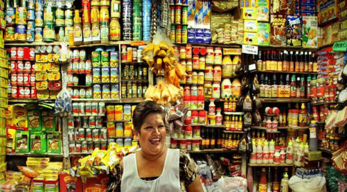 A Mexican middle-aged woman with a warm smile stands behind a counter laden with colorful packaged goods in her small, traditional Mexican grocery store. Shelves packed tightly with a wide variety of canned goods, bottles, and boxes rise behind her create a vibrant, somewhat cluttered backdrop. She wears a white apron dress over her sundress to protect it.