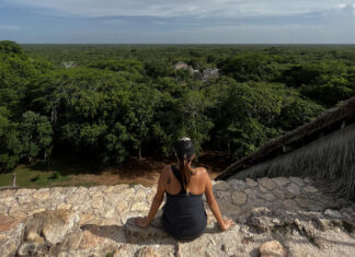 A person with their back to the camera sits on a stone edge, looking out over a vast, dense green jungle canopy that stretches to the horizon under a cloudy sky. In the distance, ruins are partially visible above the treetops.
