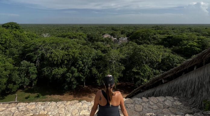 A person with their back to the camera sits on a stone edge, looking out over a vast, dense green jungle canopy that stretches to the horizon under a cloudy sky. In the distance, ruins are partially visible above the treetops.