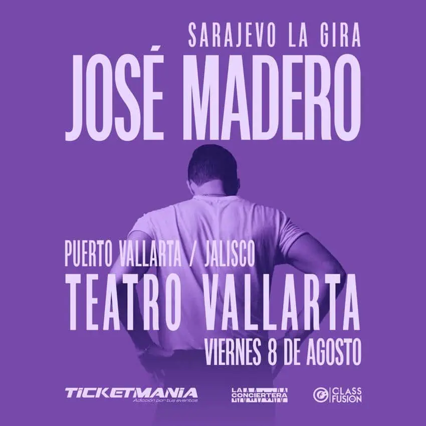 A promotional poster for the "SARAJEVO LA GIRA" (Sarajevo The Tour) concert by José Madero. The poster features a silhouetted figure of José Madero from behind, facing away from the viewer. The text on the poster, in varying shades of purple and white, highlights the artist's name and tour: "SARAJEVO LA GIRA," "JOSÉ MADERO." Below his figure, the location and date of the concert are stated: "PUERTO VALLARTA / JALISCO," "TEATRO VALLARTA," and "VIERNES 8 DE AGOSTO" (Friday, August 8).
