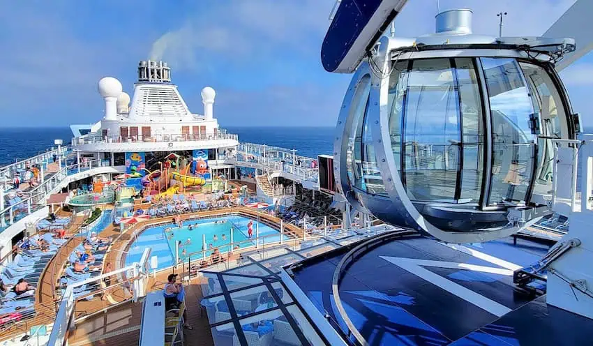 An overview of the Carnival of the Seas cruise vessel  showing the viewing platform  and pool.