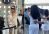 A photo of Angelina Jolie in an airport and another blurry image of Salma Hayek leaving the airport.