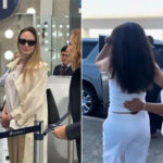 A photo of Angelina Jolie in an airport and another blurry image of Salma Hayek leaving the airport.