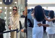 A photo of Angelina Jolie in an airport and another blurry image of Salma Hayek leaving the airport.
