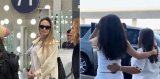 A photo of Angelina Jolie in an airport and another blurry image of Salma Hayek leaving the airport.