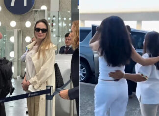 A photo of Angelina Jolie in an airport and another blurry image of Salma Hayek leaving the airport.