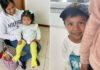 Two children, patients of Kids First Orthopaedics, smile at the camera. One little girl has casts on both legs. The other, a little boy, hides behind his mother