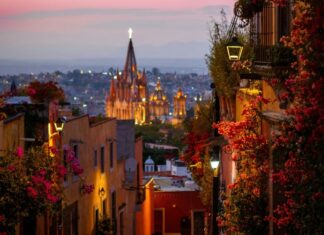 Night view of a colonial Mexican town
