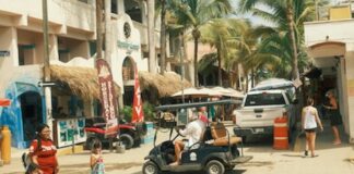 golf cart, people and buidlings of a Nayarit town