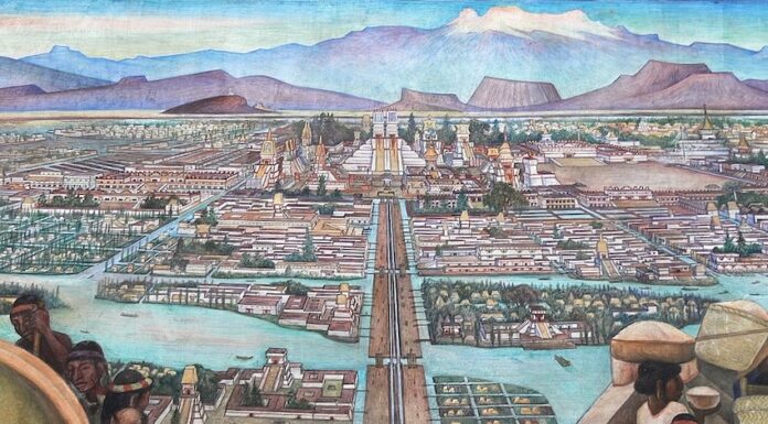 A painting of Mexica people in Tenochtitlán