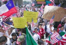 Street protest with US flags