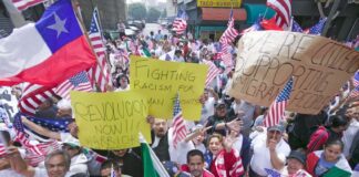 Street protest with US flags