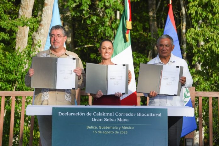 Three heads of state at a podium holding papers