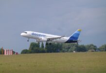 A Discover Airlines plane takes off