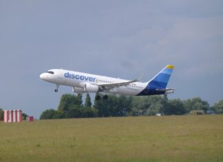 A Discover Airlines plane takes off