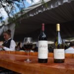 Wine bottles and a fresh pour of red wine sitting on a bar